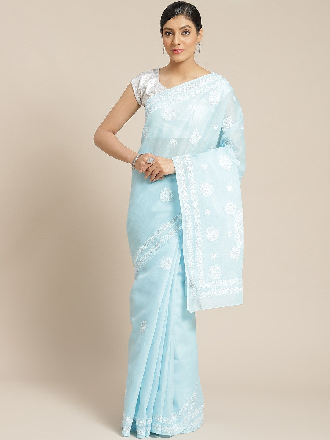 Ada Hand Embroidered Blue Cotton Lucknow Chikan Saree With Blouse A311130