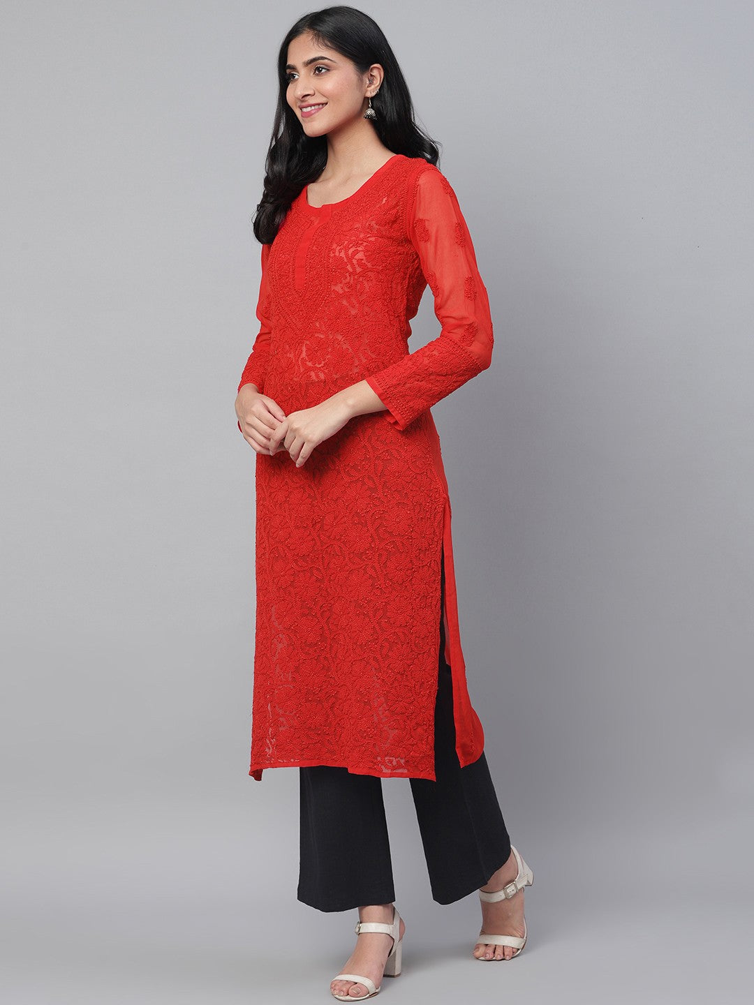 Ada Hand Embroidered Red Faux Georgette Lucknow Chikankari Straight Kurta A100591