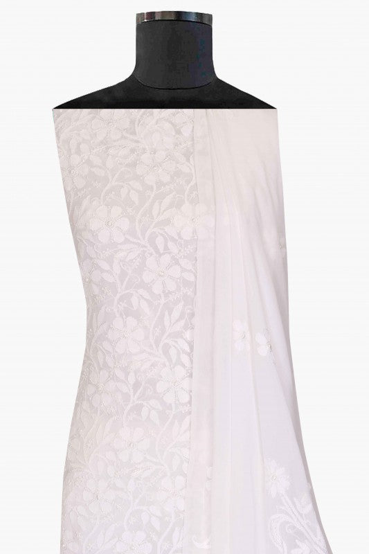 Ada Hand Embroidered White Georgette Lucknowi Chikan Unstitched Kurta Dupatta Set-A611694