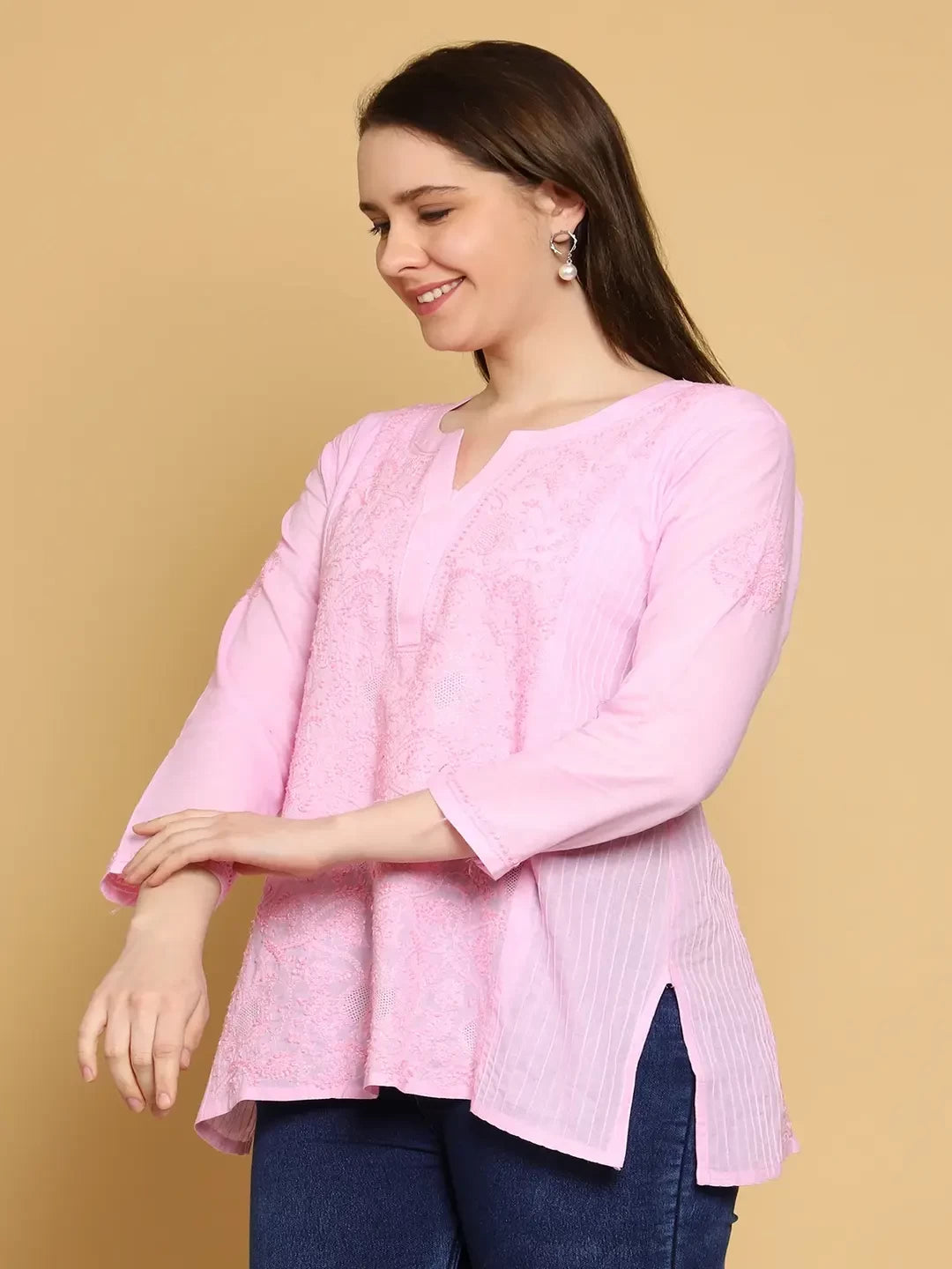 Ada Hand Embroidered Pink Cotton Lucknowi Chikankari Straight Kurti A911313