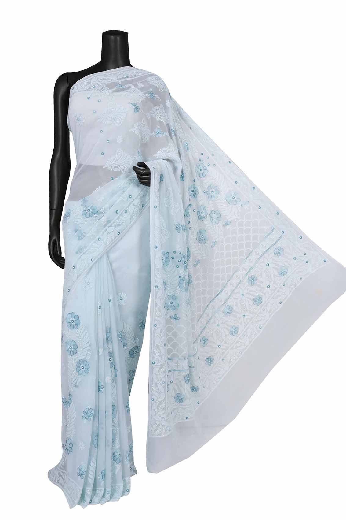 Ada Hand Embroidered White Georgette Lucknowi Chikankari Saree With Blouse A588641