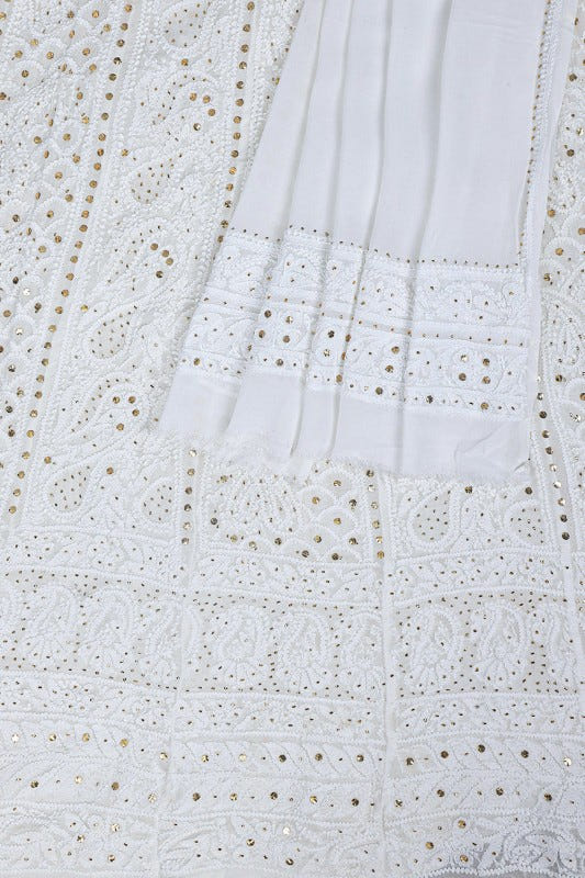 Ada Hand Embroidered White Georgette Lucknowi Chikankari Semi-stitched Anarkali Kurta Dupatta Set With Muqaish Work- A615417