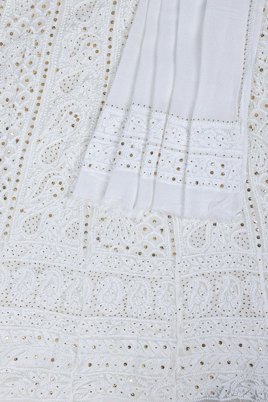 Ada Hand Embroidered White Georgette Lucknowi Chikankari Semi-stitched Anarkali Kurta Dupatta Set With Muqaish Work- A615417