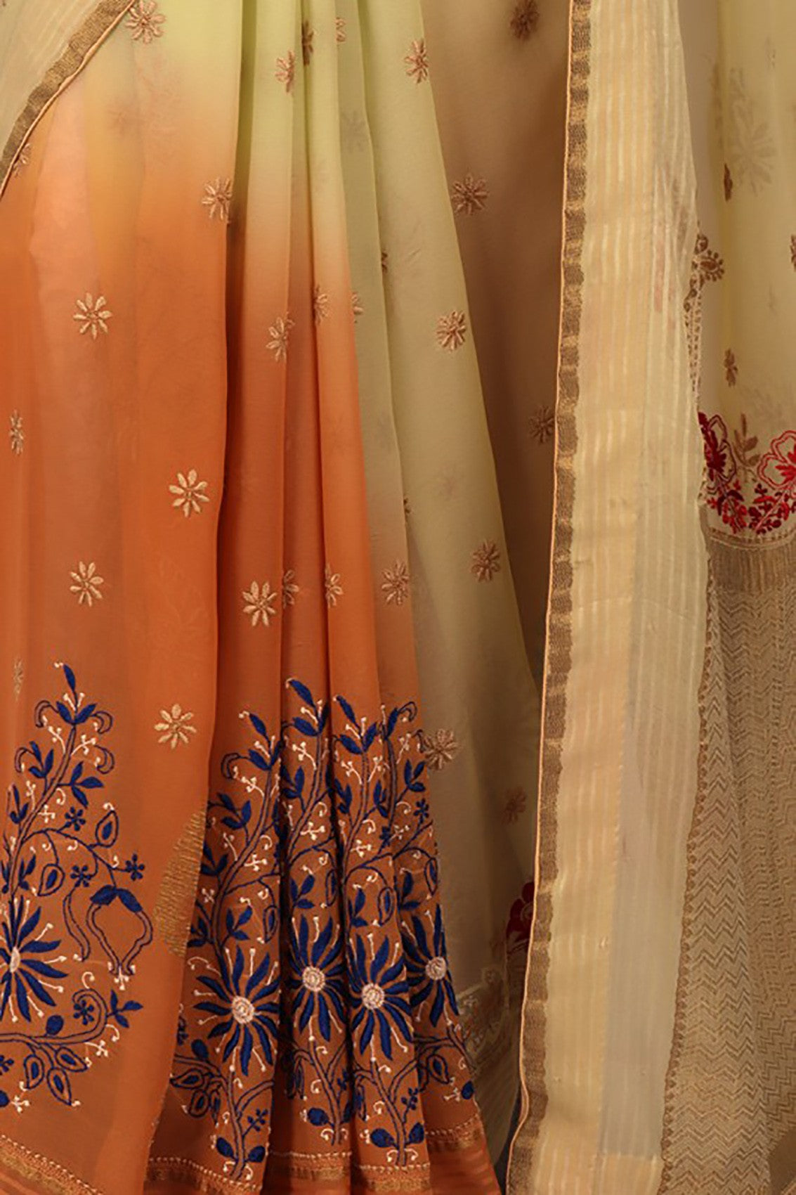 Ada Hand Embroidered Orange And Green Ombre Shade Pure Georgette Lucknowi Chikankari Saree With Blouse A39741