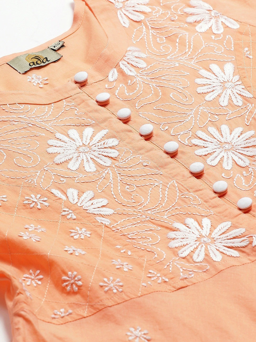 Ada Hand Embroidered Peach Cotton Lucknowi Chikankari Kurta with Trouser Set A100335