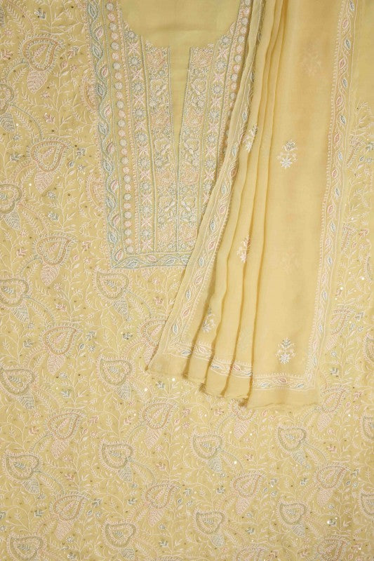 Ada Hand Embroidered Cream Pure Georgette Lucknowi Chikan Unstitched Kurta Dupatta Set With Pearl & Sequinned Work-A610884