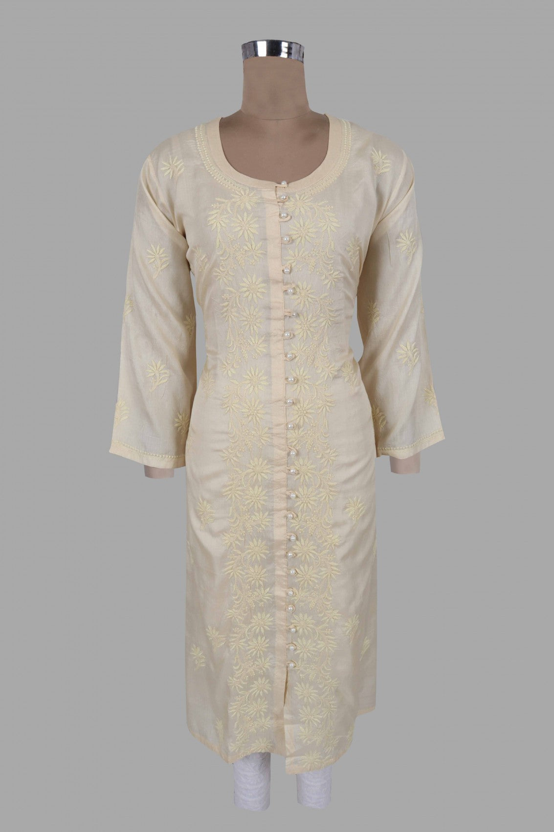 Ada Hand Embroidered Light fawn Silk Lucknow Chikankari Kurta Piece A555325