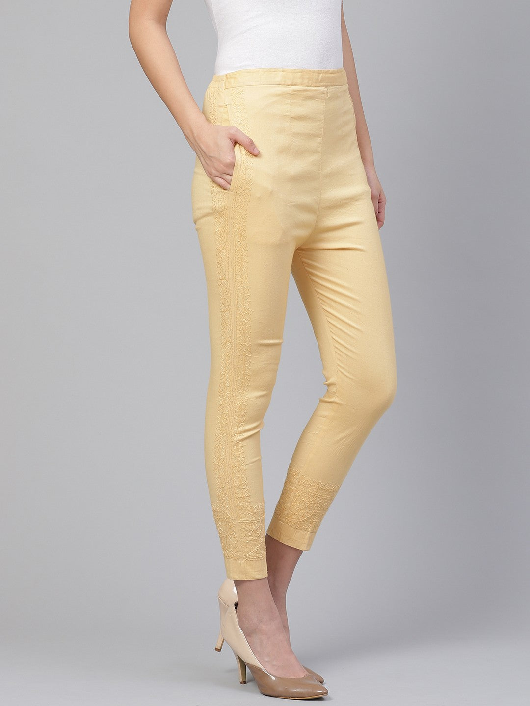 Ada Hand Embroidered Fawn Cotton Lucknowi Chikankari Trouser A359424