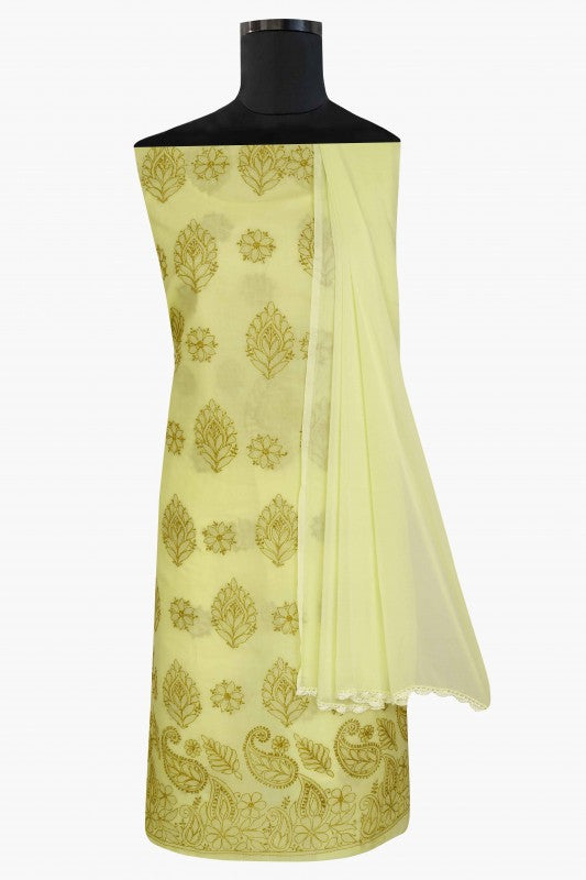 Ada Hand Embroidered Lemon Cotton Lucknowi Chikan Unstitched Suit Piece A211125