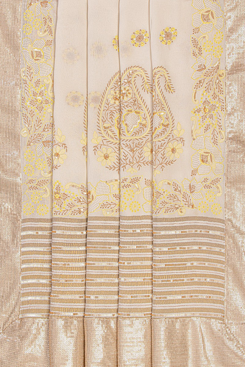 Ada Hand Embroidered Off White Pure Georgette Lucknowi Chikankari Saree/Blouse with Sequinned Work- A173764