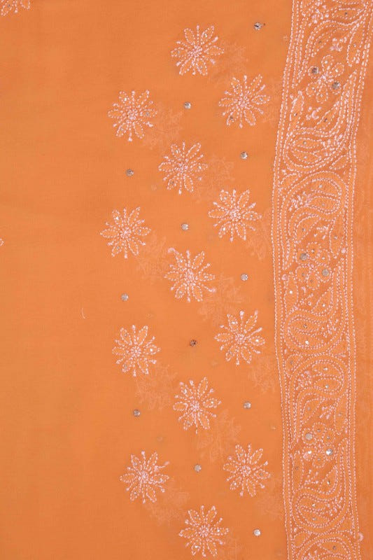 Ada Hand Embroidered Peach Pure Georgette Lucknowi Chikankari Saree/Blouse With Muqaish Work 01A100838