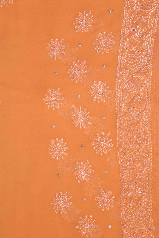 Ada Hand Embroidered Peach Pure Georgette Lucknowi Chikankari Saree/Blouse With Muqaish Work 01A100838