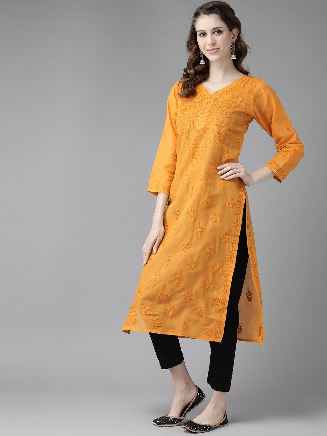 Ada Hand Embroidered Mustard Cotton Lucknowi Straight Chikankari Kurta Set A811174