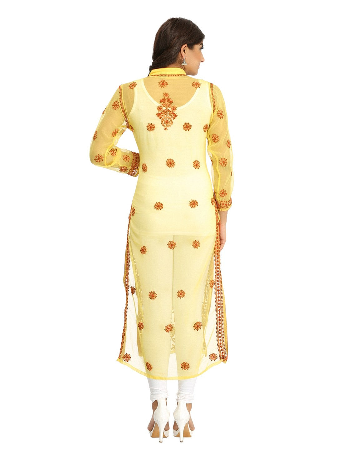 Ada Hand Embroidered Yellow Georgette Lucknowi Chikan Kurta with Slip A224022