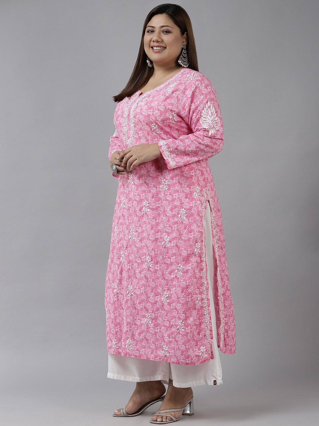 Ada Hand Embroidered Pink Cotton Lucknowi Chikankari Straight Kurta A411381