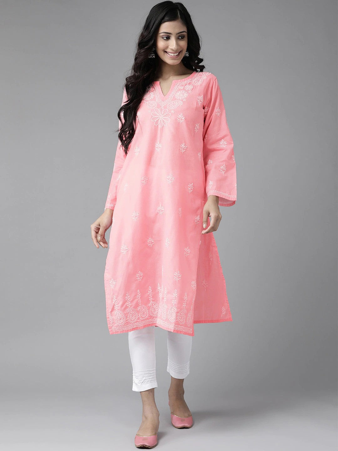 Ada Hand Embroidered Peach Cotton Lucknowi Chikankari Kurta Set A811169