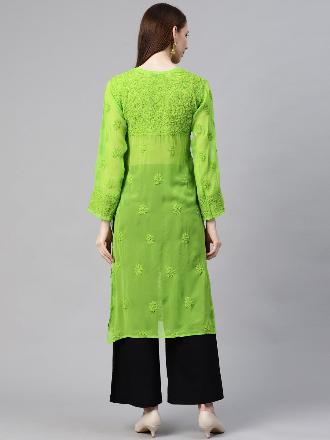 Ada Hand Embroidered Green Georgette Lucknow Chikankari Straight Kurta A100587