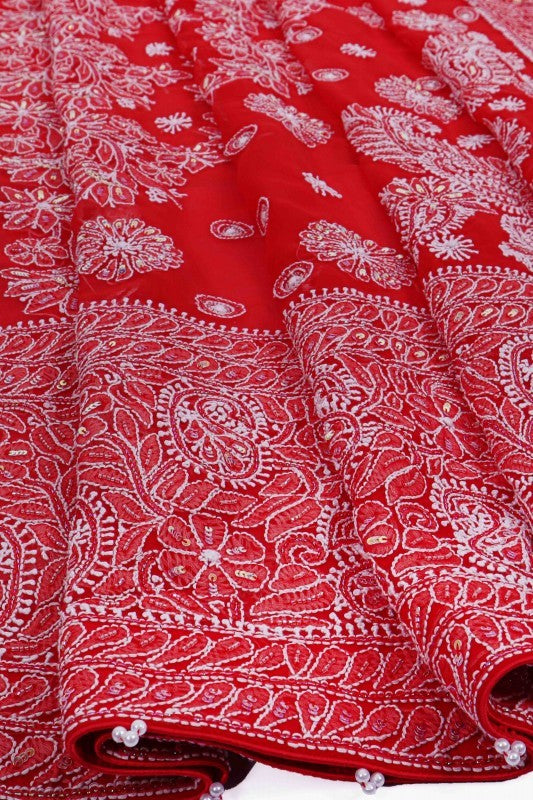 Ada Hand Embroidered Red Georgette Lucknowi Chikankari Saree/Blouse with Sequinned work 01A108206