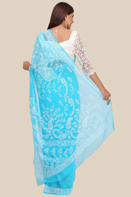 Ada Hand Embroidered Blue Georgette Lucknowi Chikankari  Saree with Blouse  A191647