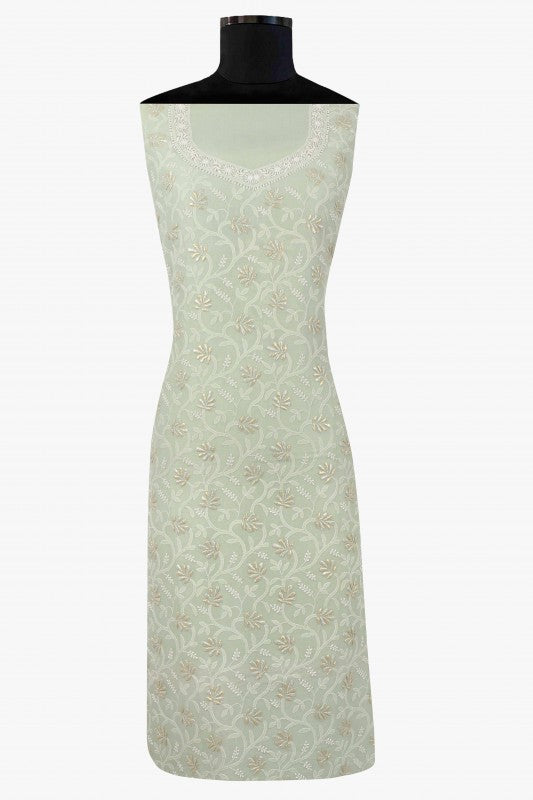 Ada Hand Embroidered Pista Green Organza Lucknowi Chikan Unstitched Kurta Piece With Gota Patti Work A575130