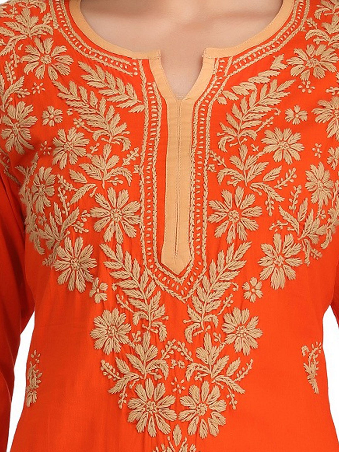 Ada Hand Embroidered Orange Cotton Lucknowi Chikankari Straight  Kurta A226128