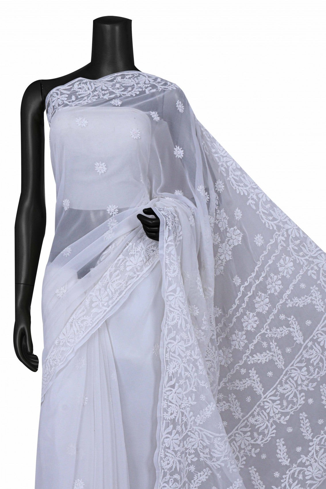 Ada Hand Embroidered White Georgette Lucknowi Chikankari Saree With Blouse A239320