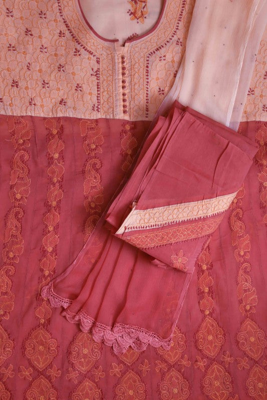 Ada Hand Embroidered Peach/Blush Red Cotton Lucknowi Chikan Unstitched Suit Piece A609640