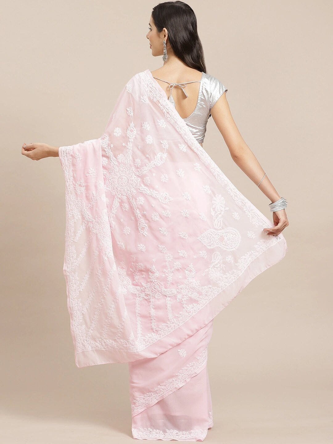Ada Hand Embroidered Baby Pink Georgette Lucknow Chikan Saree with Blouse A183623