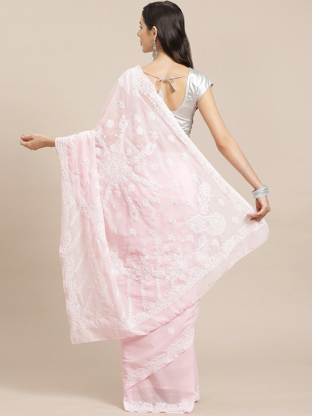 Ada Hand Embroidered Baby Pink Georgette Lucknow Chikan Saree with Blouse A183623