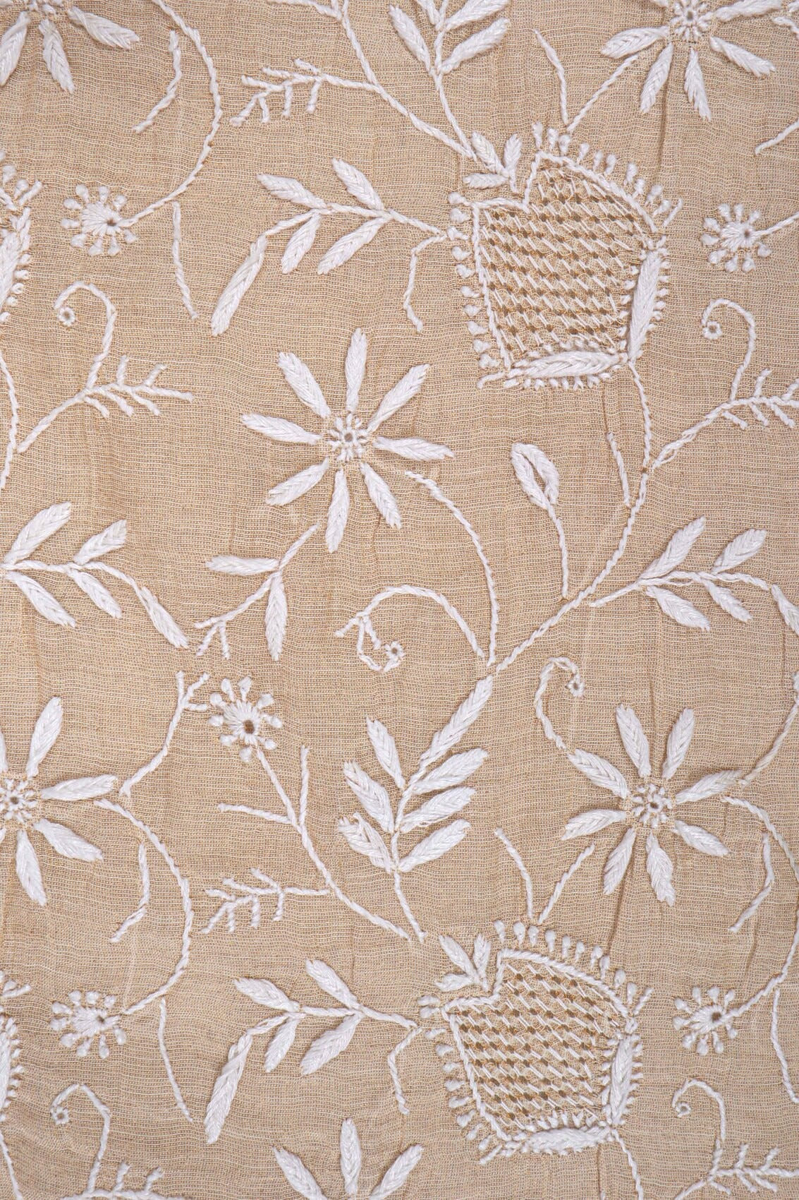Ada Hand Embroidered Natural Fawn Tissue Lucknowi Chikankari Unstitched Kurta Dupatta Set 01A213418