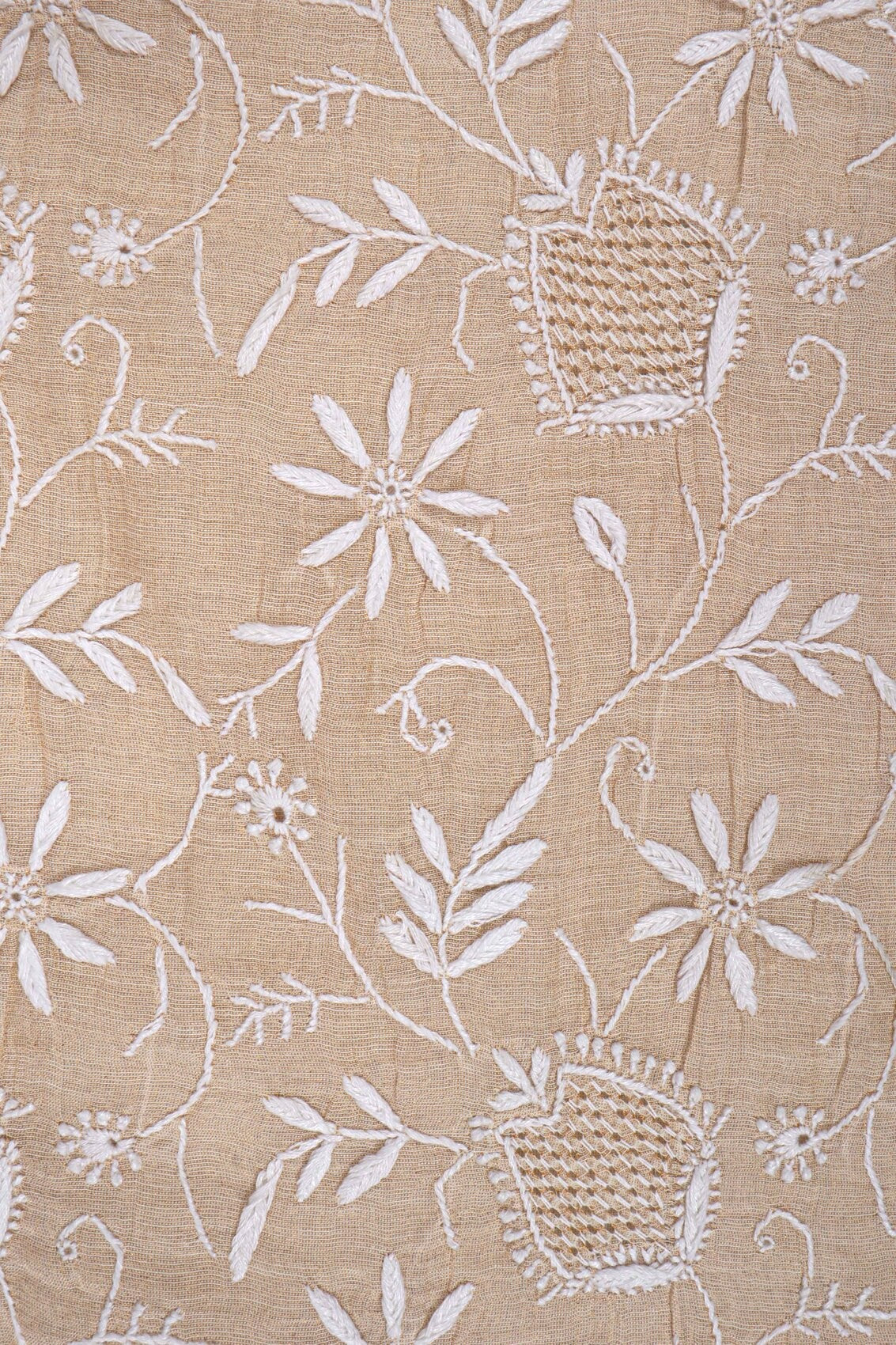 Ada Hand Embroidered Natural Fawn Tissue Lucknowi Chikankari Unstitched Kurta Dupatta Set 01A213418