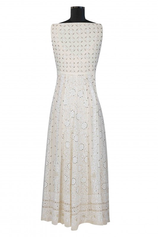 Ada Hand Embroidered Ivory White Pure Georgette Lucknowi Chikankari Semi-Stitched Anarkali Kurta Dupatta Set With Muqaish Work A501766