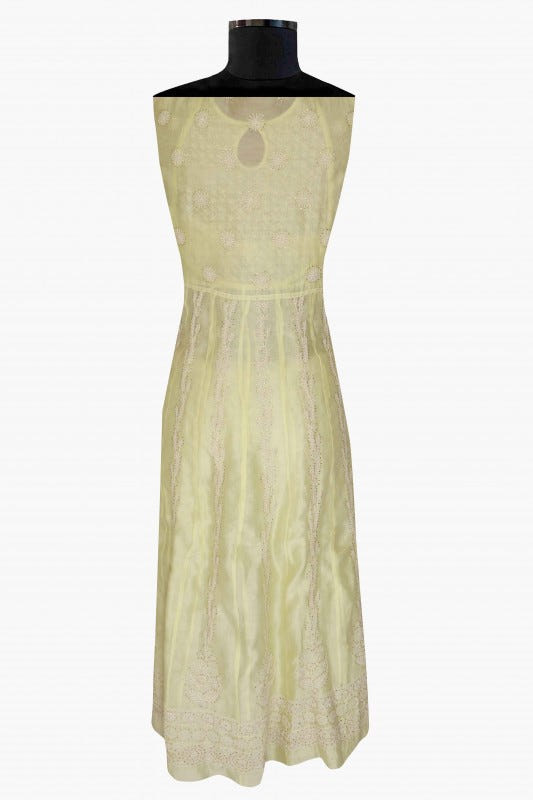 Ada Hand Embroidered Lemon Chanderi Lucknowi Chikankari Semi-Stitched Anarkali Kurta Dupatta Set With Muqaish Work A559713
