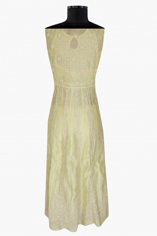 Ada Hand Embroidered Lemon Chanderi Lucknowi Chikankari Semi-Stitched Anarkali Kurta Dupatta Set With Muqaish Work A559713