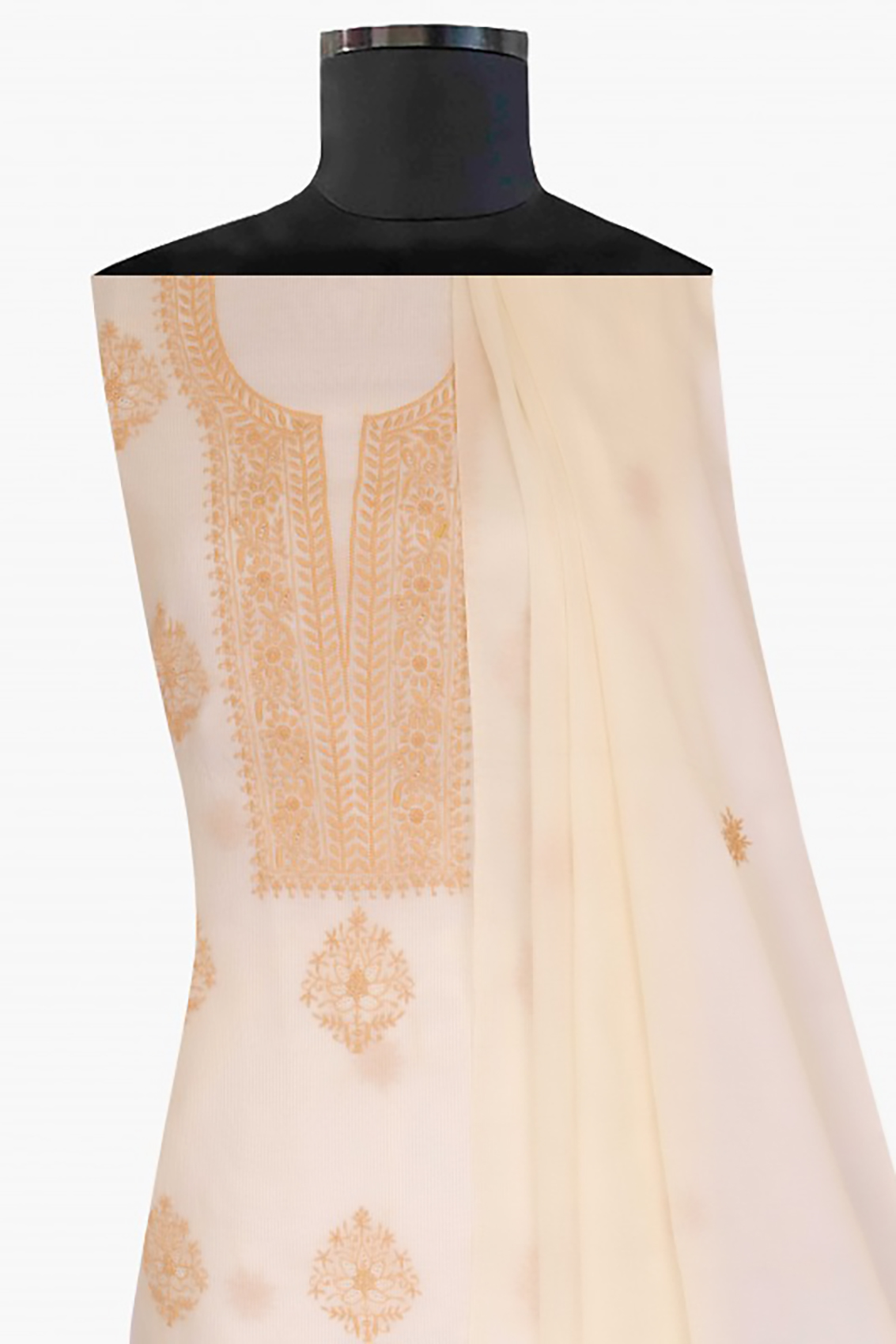 Ada Hand Embroidered Cream Chanderi Lucknowi Chikankari Unstitched Kurta Dupatta Set 01A10301