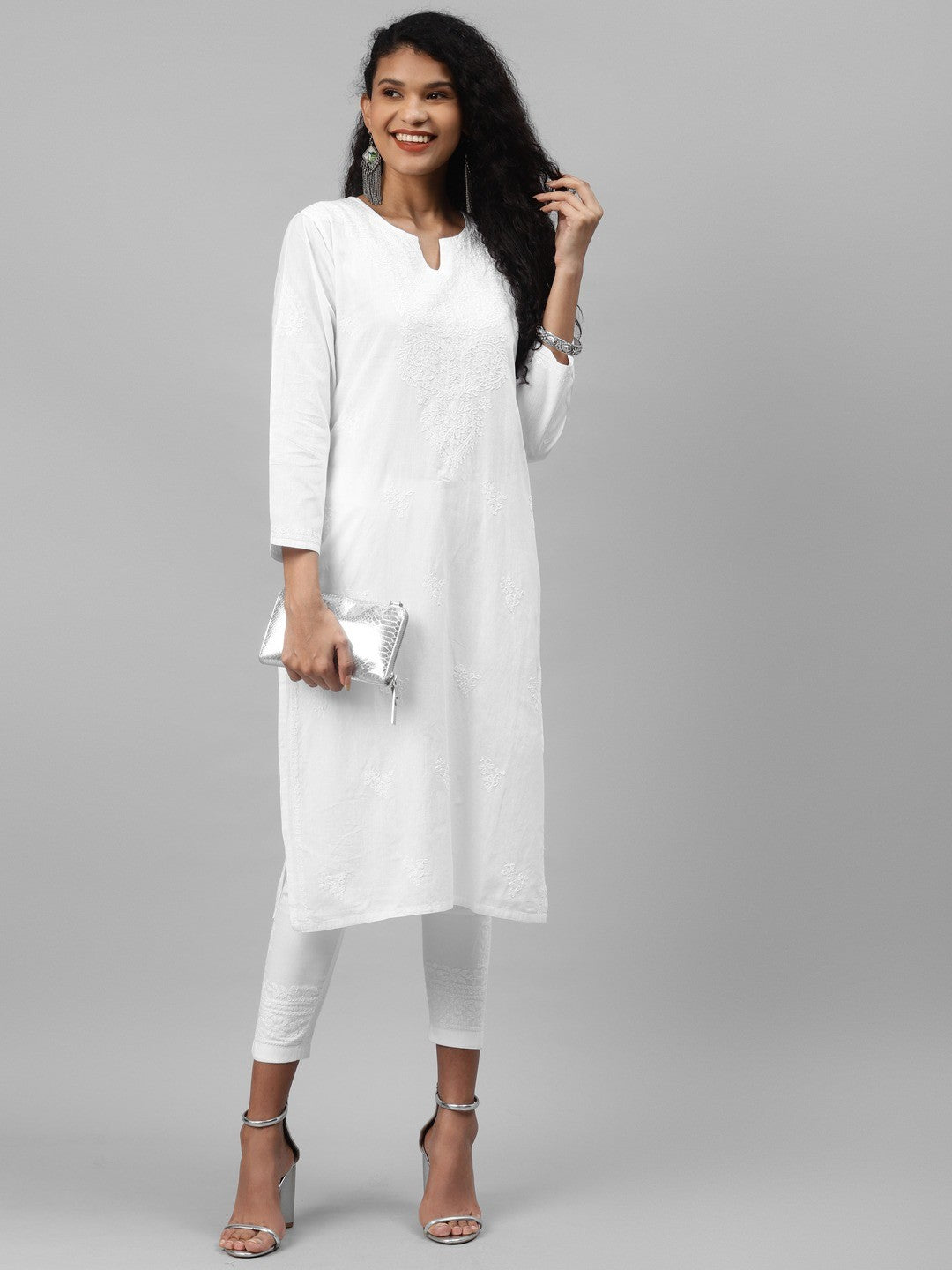 Ada Hand Embroidered White Cotton Lucknowi Chikankari Kurta Set A811199