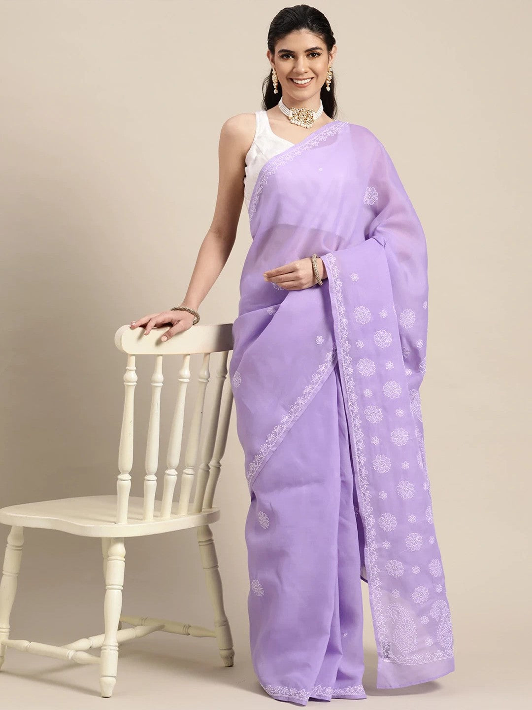Ada Hand Embroidered Lavender Cotton Lucknowi Chikankari Saree with Blouse A311255