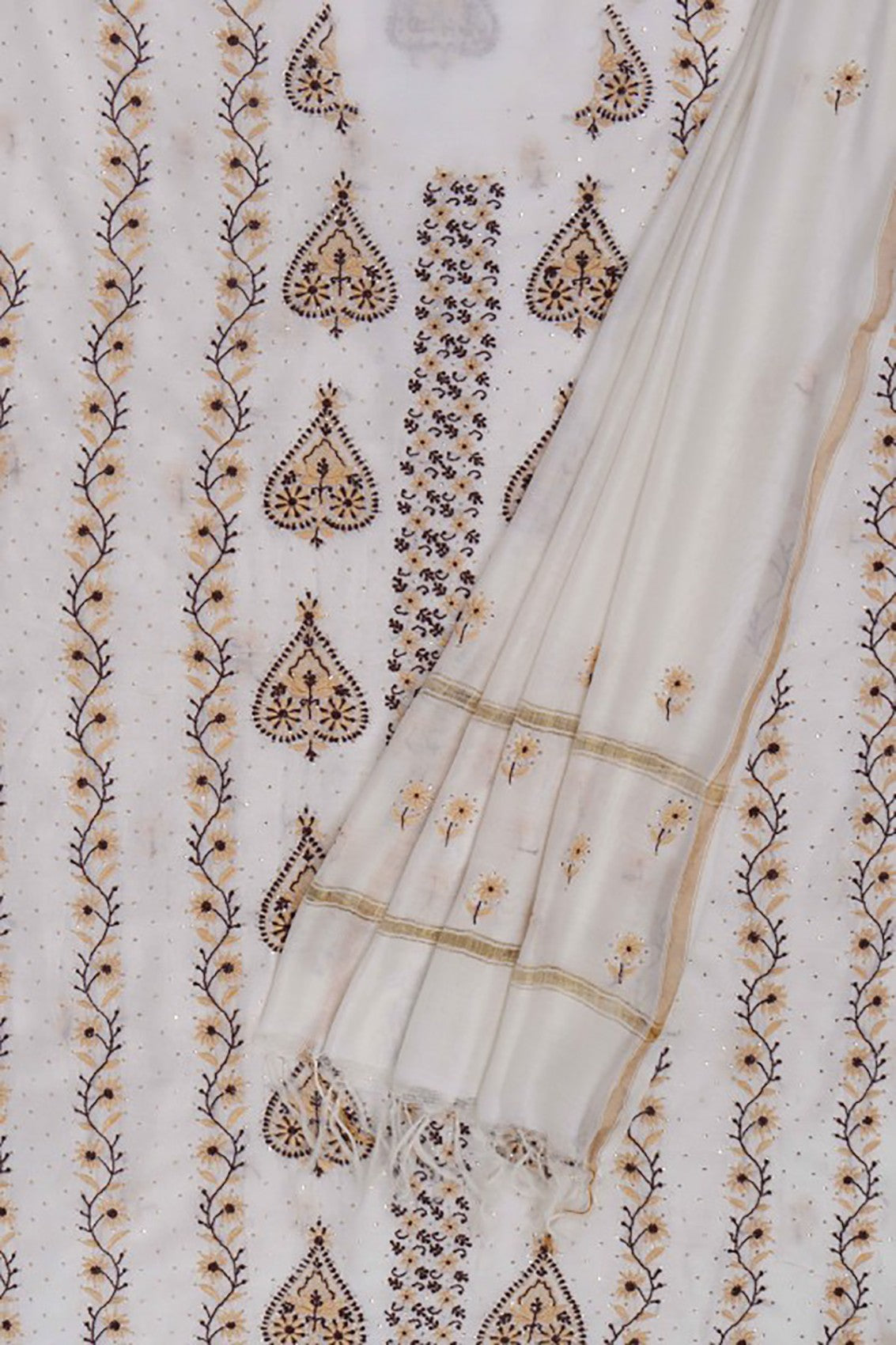 Ada Hand Embroidered Cream Chanderi Lucknowi Chikankari Unstitched Kurta Dupatta Set With Muqaish Work A570898