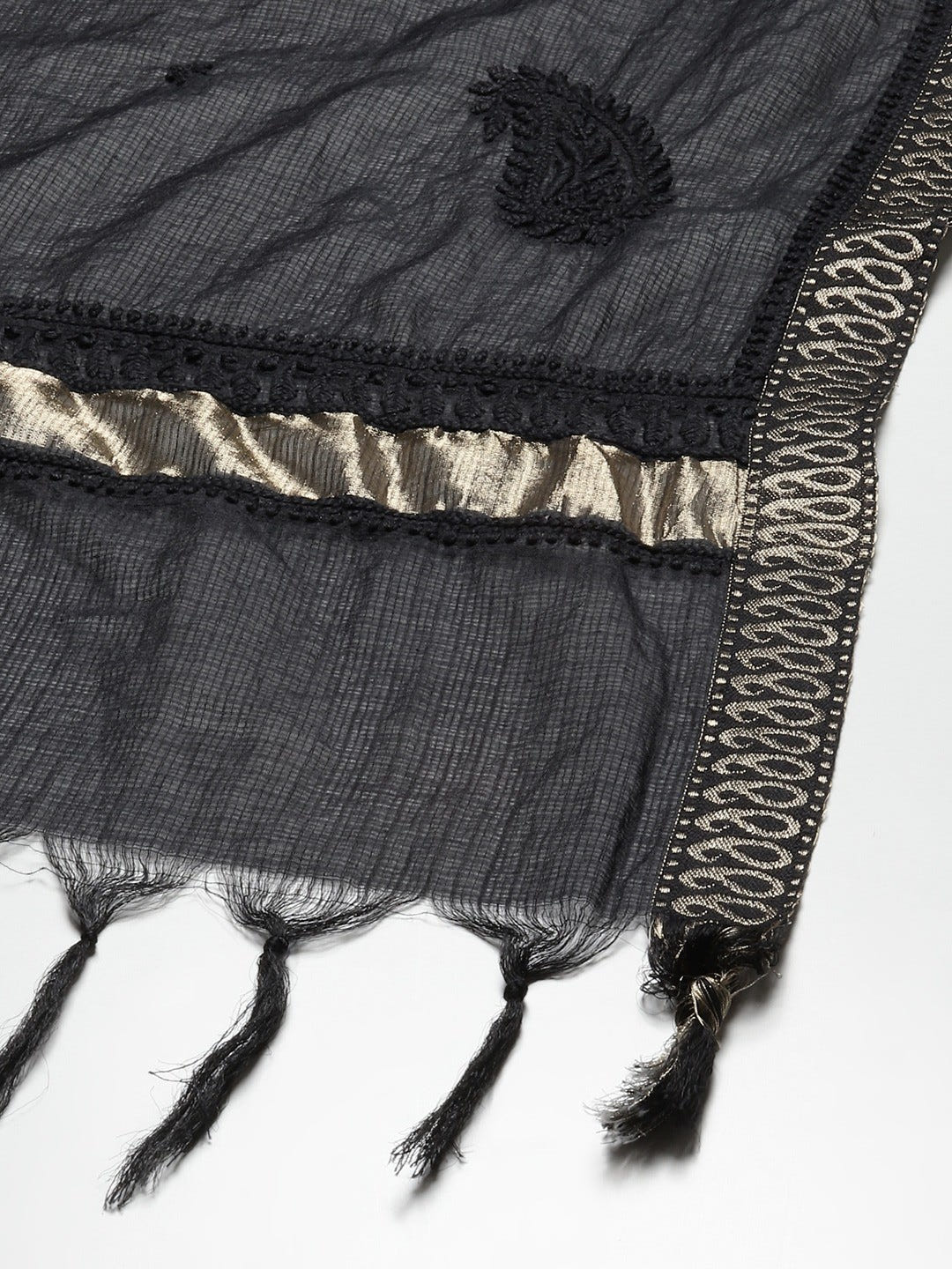 Ada Hand Embroidered Black Kota Lucknowi Chikankari Dupatta -A511206