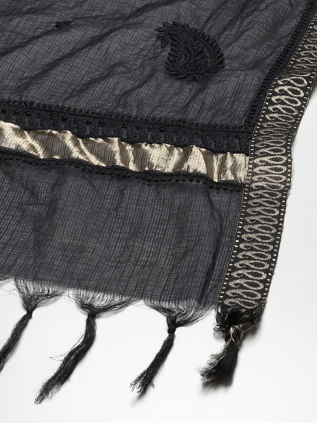 Ada Hand Embroidered Black Kota Lucknowi Chikankari Dupatta -A511206