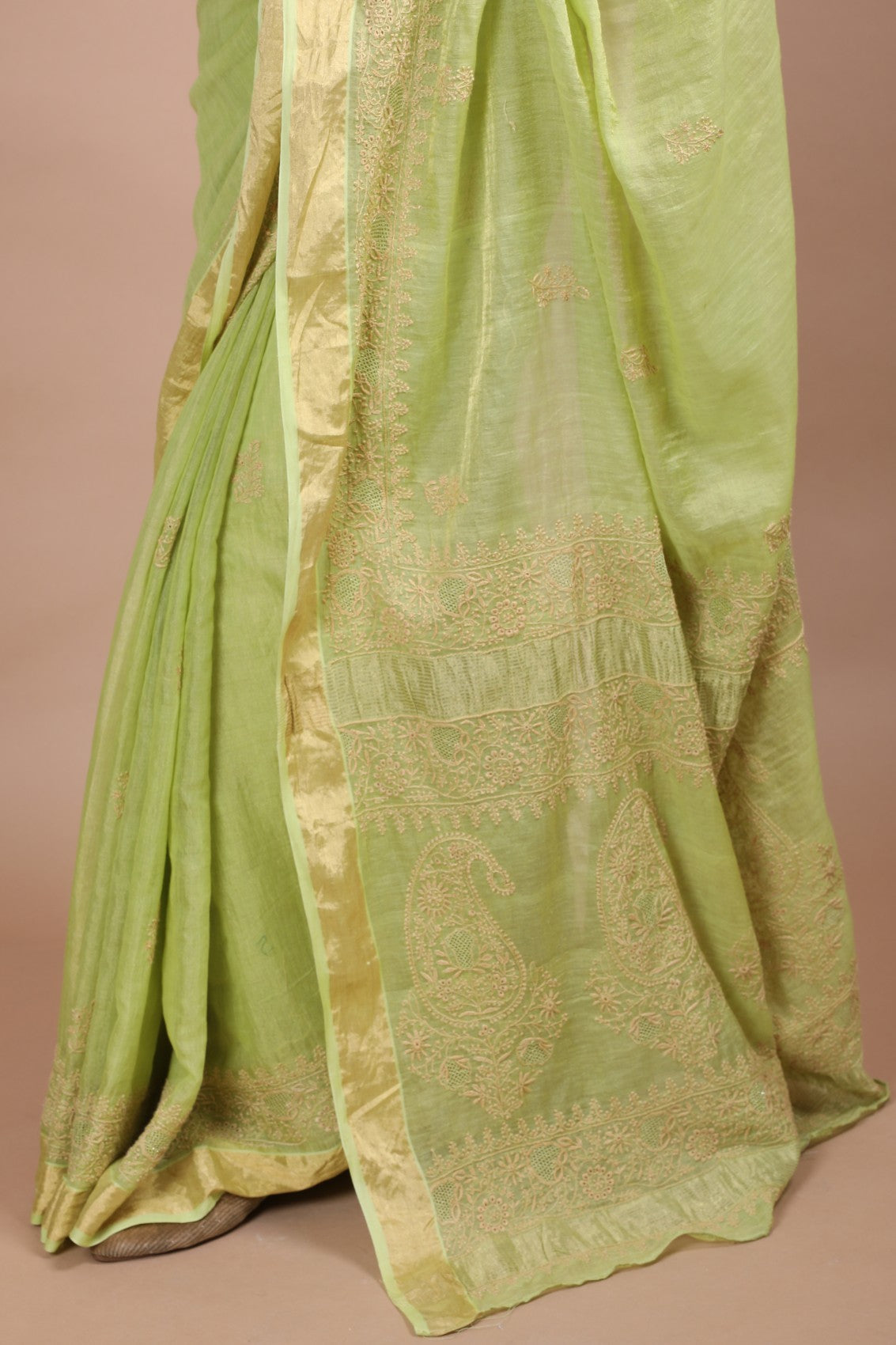 Ada Hand Embroidered Parrot Green Tissue Lucknow Chikan Saree/Blouse With Zari Work 01A265928