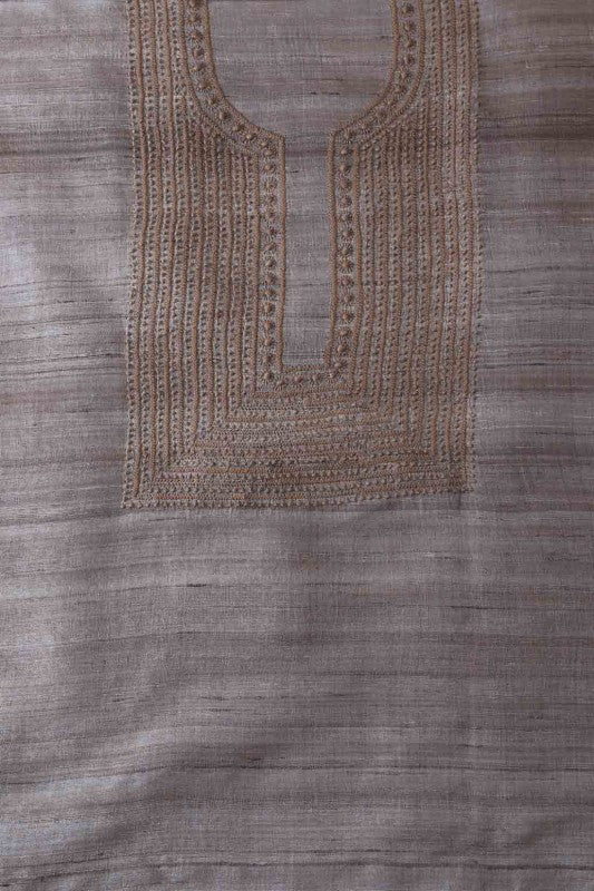 Ada Hand Embroidered Sand Castle Tusser Silk Lucknow Chikankari Men's Kurta Piece-A489430