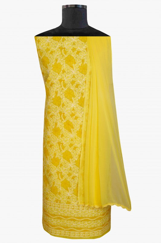 Ada Hand Embroidered Yellow Cotton Lucknowi Chikan Unstitched Suit Piece-A100302