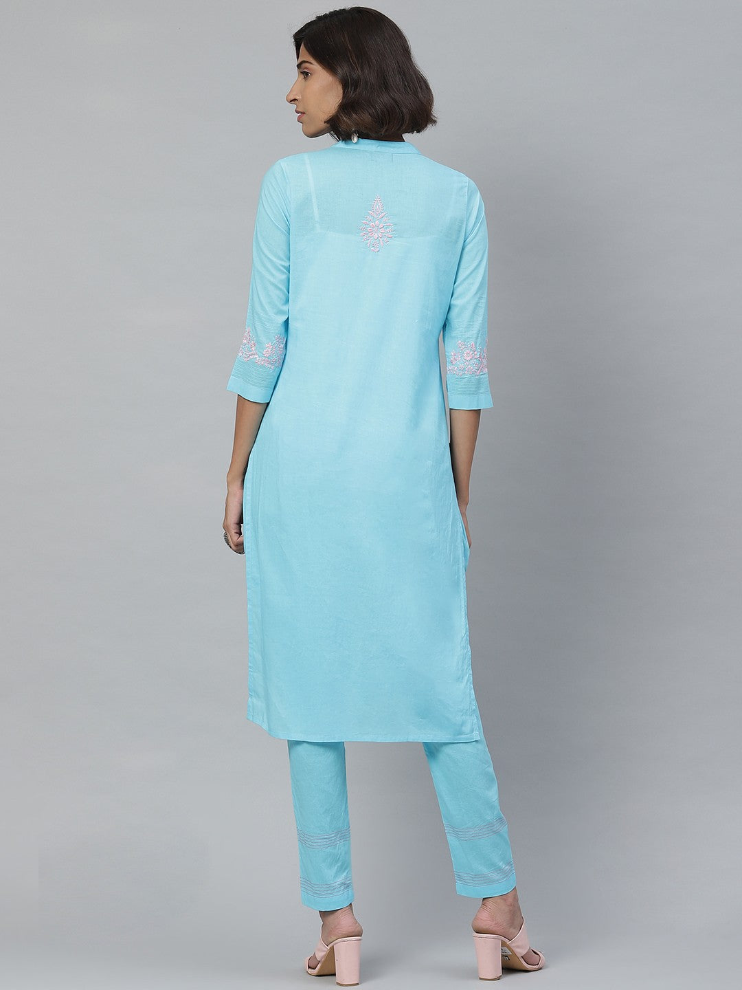 Ada Hand Embroidered Blue Cotton Lucknowi Chikankari Kurta With Trouser Set A100341