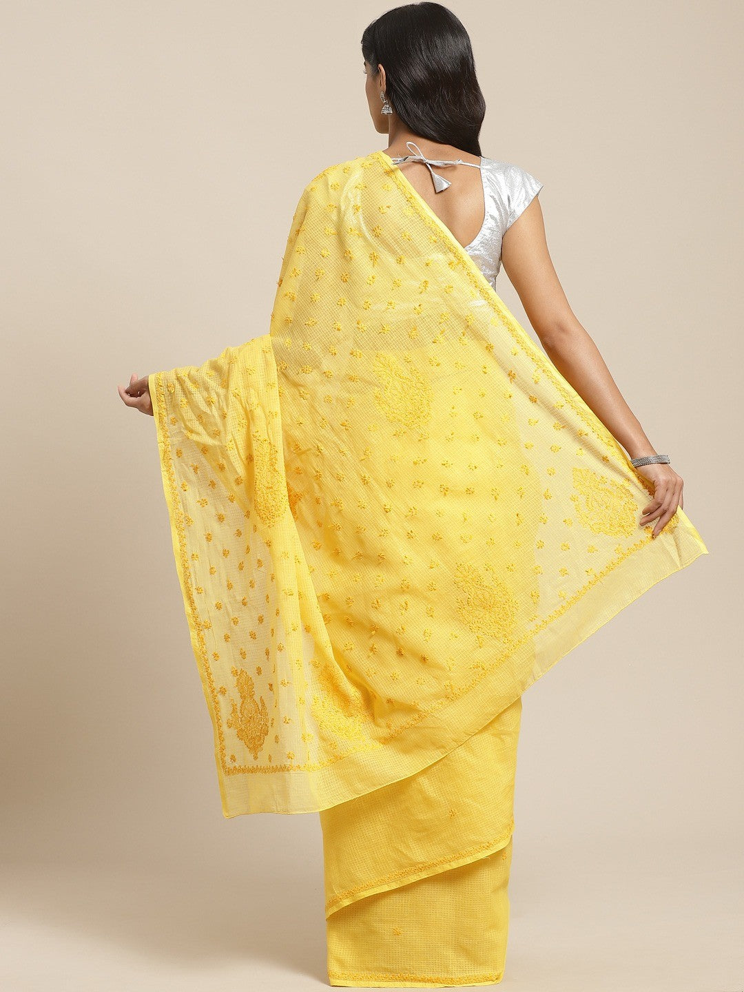 Ada Hand Embroidered Yellow Kota Lucknow Chikan Saree With Blouse- A311111