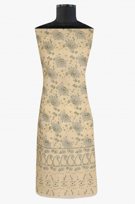 Ada Hand Embroidered Cream Cotton Lucknowi Chikan Unstitched Suit Piece- A100306