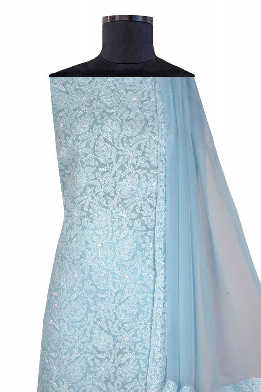 Ada Hand Embroidered Blue Cotton Lucknowi Chikan Unstitched Suit Piece A495589