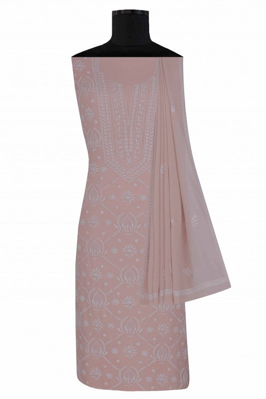 Ada Hand Embroidered Dusty Pink Pure Georgette Lucknowi Chikan Unstitched Suit Piece- A583331