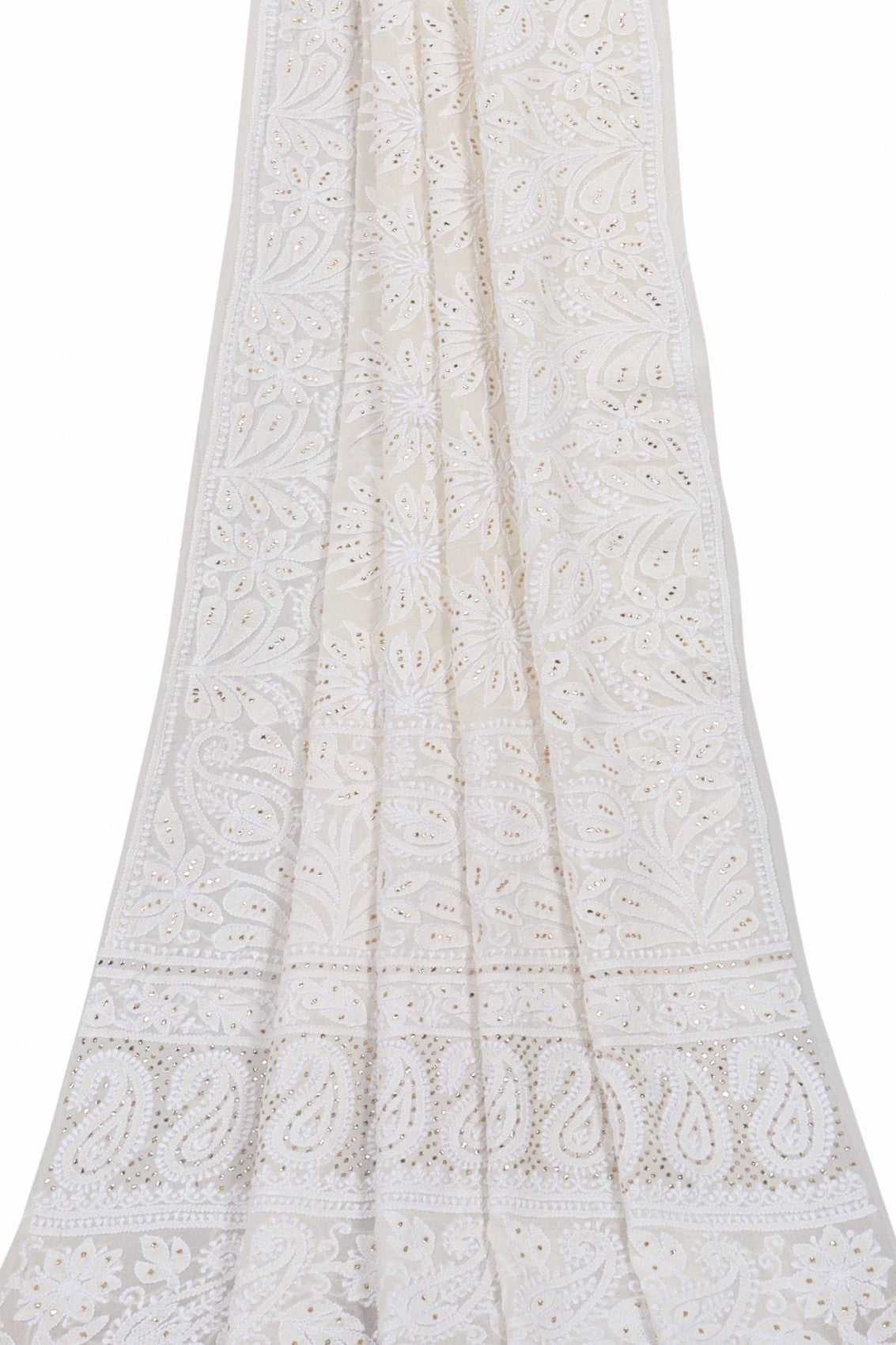 Ada Hand Embroidered White Pure Georgette Lucknowi Chikankari Dupatta With Muqaish Work 01A47078