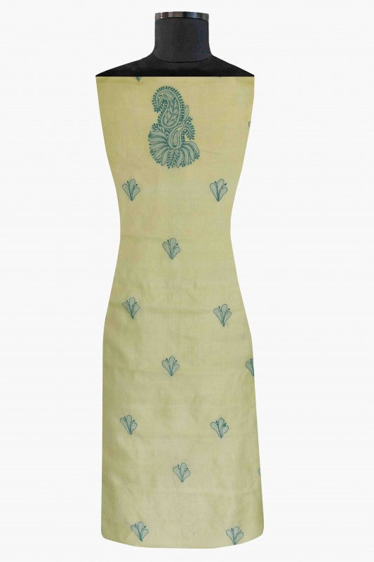 Ada Hand Embroidered Lemon Silk Lucknowi Chikan Unstitched Kurta Dupatta Set A581109